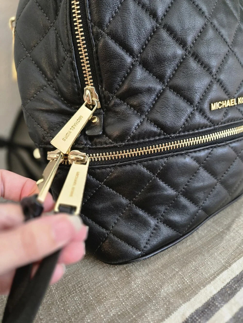 Michael Kors Black Quilted Leather Backpack with Gold Hardware